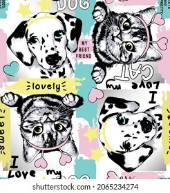 Dalmatian Puppy And Striped Kitten Faces With Slogans Color Blocks Seamless Pattern.