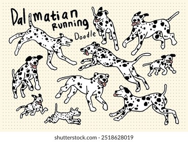 Conjunto de doodle desenhado à mão de cão de corrida dalmático