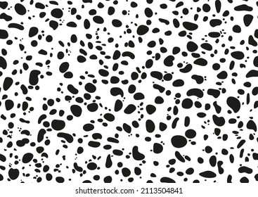 Dalmatian seamless pattern, animal print with spot texture on skin. Absract design and shapes dog or cow black spots on white background for fibres and textile. Simple endless leather backdrop. svg
