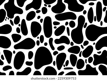 Patrón dálmata sin fisuras o huella animal con textura de la zona de la piel. Formas abstractas diseñan manchas negras de perro o vaca sobre fondo blanco para textiles. Sencillo fondo de cuero natural.