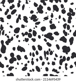 Dalmatian seamless pattern. Animal skin print. Dog and cow black dots on white background. Vector