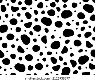 Dalmatian seamless pattern. Black uneven spots animal print. Abstract background with black and white circles. Vector background.  svg