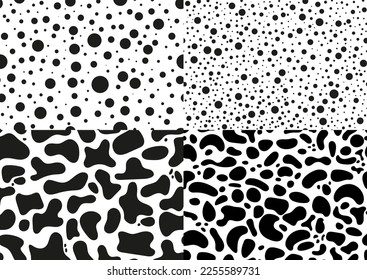 Dalmatian seamless pattern and circle spot texture set. Absract and round shapes design dog or cow animal print with skin black spots on white background for fibres and textile. Simple endless leather