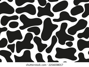 Dalmatian seamless pattern cow animal print with skin spot texture. Absract shapes liquid design black spots on white background for fibres and textile. Simple endless leather backdrop.