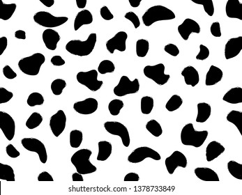 Dalmatian seamless pattern. Dog skin dots. Black doodle spots on white. Cow skin texture. Vector illustration. Camouflage design. Dalmatian ornament