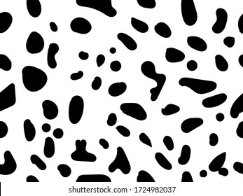 Dalmatian seamless pattern. Dog skin dots. Black doodle spots on white. Cow skin texture. Vector illustration. Camouflage design. Dalmatian ornament. Black chaotic spots. Animal print.