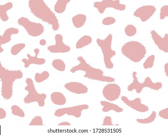 Dalmatian seamless pattern. Dog skin dots. Pink doodle spots on white. Cow skin texture. Vector illustration. Camouflage design. Dalmatian ornament. Black chaotic spots. Animal print. Barbie print.