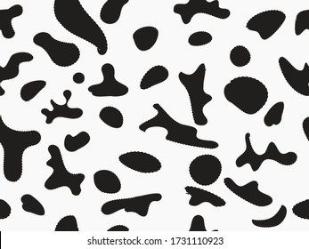 Dalmatian seamless pattern. Dog skin dots. Black doodle spots on white. Cow skin texture. Vector illustration. Camouflage design. Dalmatian ornament. Black chaotic spots. Animal print.