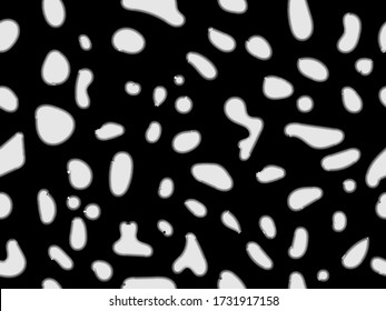 Dalmatian seamless pattern. Dog skin dots. White doodle spots on black. Cow skin texture. Vector illustration. Camouflage design. Dalmatian ornament. white chaotic spots. Animal print.