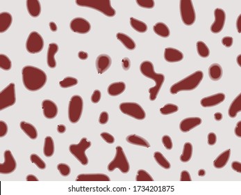 Dalmatian seamless pattern. Dog skin dots. Red doodle spots on white. Cow skin texture. Vector illustration. Camouflage design. Dalmatian ornament. Burgundy chaotic spots. Animal print.