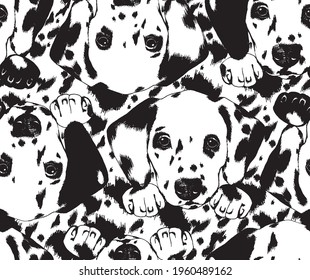 Dalmatian seamless pattern with puppy dog head portrait hand drawn illustration