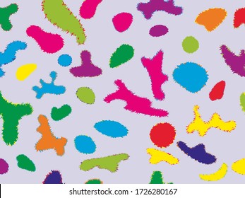 Dalmatian seamless pattern. Rainbow dog skin dots. Colorful doodle spots on gray. Cartoon Cow skin texture. Vector illustration. Nulticolor camouflage design. Dalmatian ornament.  Baby animal print.