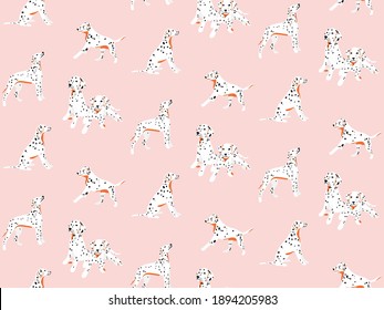 Dalmatian seamless pattern, spotted white black puppy cartoon nursery  print. Pink cute drawing. Cute kawaii background 