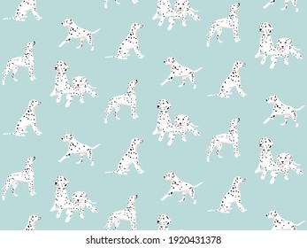 Dalmatian seamless pattern, spotted white black dogs blue seamless nursery print, kids background vector 