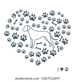 Dalmatian silhouette on a background of dog tracks and bones in the form of heart. Design element for postcard, banner, poster or print.