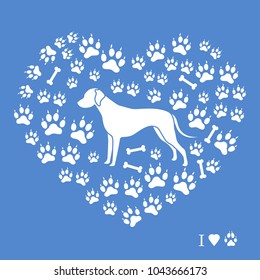 Dalmatian silhouette on a background of dog tracks and bones in the form of heart. Design element for postcard, banner, poster or print.