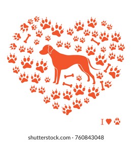 Dalmatian silhouette on a background of dog tracks and bones in the form of heart. Design element for postcard, banner, poster or print.