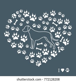 Dalmatian silhouette on a background of dog tracks and bones in the form of heart. Design element for postcard, banner, poster or print.