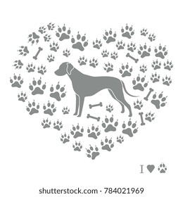 Dalmatian silhouette on a background of dog tracks and bones in the form of heart. Design element for postcard, banner, poster or print.