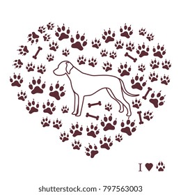 Dalmatian silhouette on a background of dog tracks and bones in the form of heart. Design element for postcard, banner, poster or print.