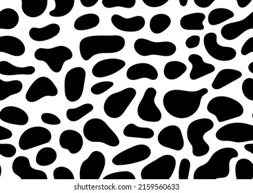 Dalmatian spot seamless pattern, cow animal print texture on skin. Absract design and shapes dog or milk cow black spots on white background for fibres and textile. Simple endless leather backdrop.