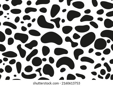 Dalmatian spot texture seamless pattern on skin. Absract animal print design - dog or cow black stains on white background for fibres and textile. Simple grain dalmation endless backdrop.