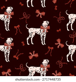 Dálmata. San Valentín. Patrón sin fisuras. 14 de febrero Love. Cintas rojas y lazo. Raza de perro. Linda, divertida mascota. Animal doméstico. Perro de raza pura. Ilustración vectorial de dibujos animados.
