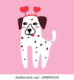 Dalmatian wearing headband with hearts. Vector hand drawn illustration on pink background.