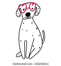 Dalmatian wearing red glasses. 
Valentine's day concept. Vector hand drawn outline illustration on white background.