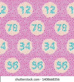 Daltonism color test inspired fun dotted seamless vector pattern with numbers created from dots. Surface pattern design for fabric, scrapbooking, wallpaper projects or backgrounds.