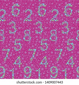 Daltonism color test inspired fun dotted seamless vector pattern with numbers created from dots on pink background. Surface pattern design for fabric, scrapbooking, wallpaper projects or backgrounds.