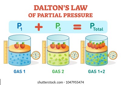 Dalton's law, chemical physics example information poster with partial pressure law.Educational vector illustration with gas pressure equation.