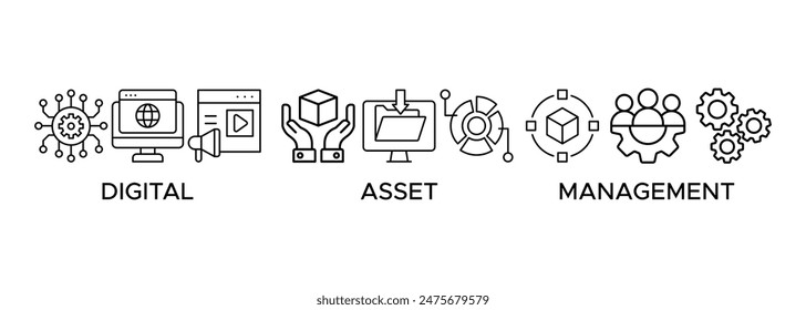 Dam banner web icon illustration concept of digital asset management with icon of binary, automation, processing, design, data, network, and connection