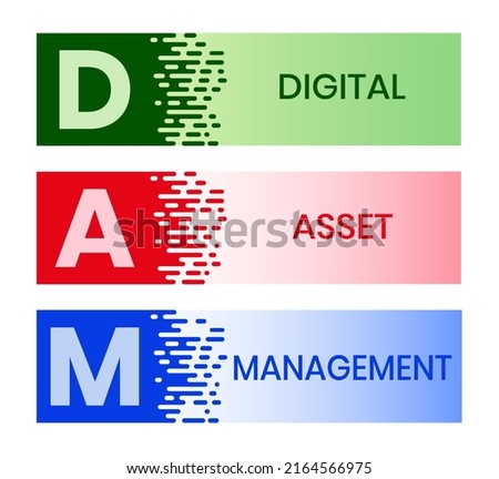 DAM - Digital Assets Management System Vector Illustration Concept with keywords and icons. lettering illustration with icons for web banner, flyer, landing page