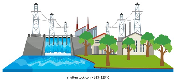 Dam and electricity buildings by the river illustration
