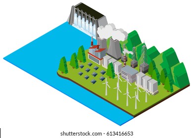 Dam and electronic machines by the river illustration