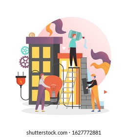 Dam energy production, vector illustration. Male and female characters engineers working at hydroelectric power plant. Hydropower electricity, energy of falling water, renewable source concept.