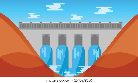 Dam flat design with mountains