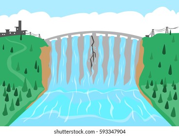 A dam or flood control barrier with crack in the middle. Editable Clip Art.