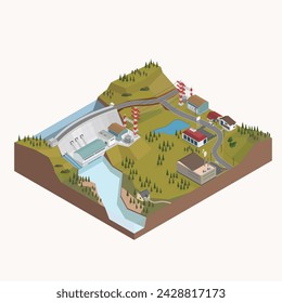 Dam, hydro energy, hydro power plant with isometric graphic