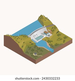 Dam, hydro energy, hydro power plant with isometric graphic