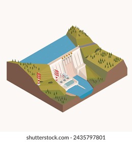 Dam, hydro energy, hydro power plant with isometric graphic