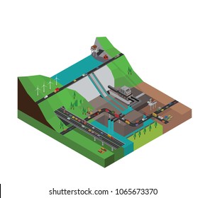Dam Hydroelectricity Power Station Isometric and streets with urban traffic