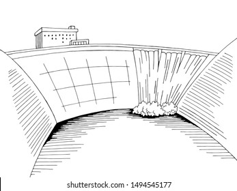 Dam hydropower river graphic black white landscape sketch vector