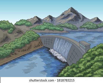 Dam hydropower river graphic color landscape sketch illustration vector