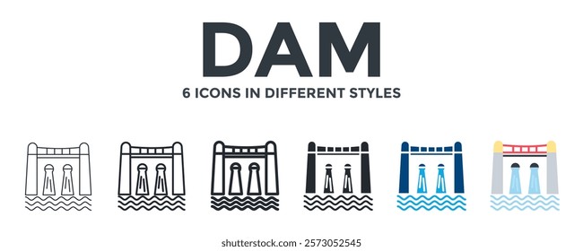 Dam Icon In Different Style Vector Illustration. Designed In Thin Line, Regular Line, Bold Line, Glyph, Color Fill, And Flat Style Can Be Used For Web