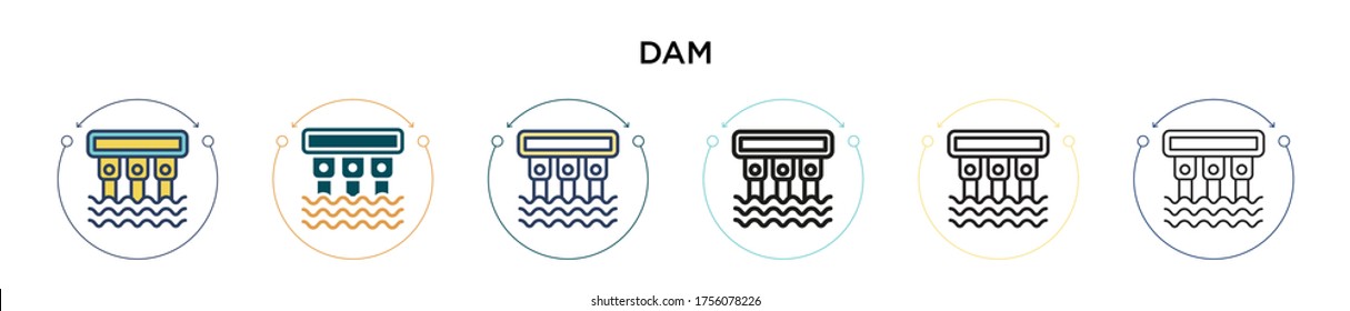 Dam icon in filled, thin line, outline and stroke style. Vector illustration of two colored and black dam vector icons designs can be used for mobile, ui, web