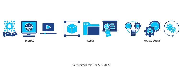 Conjunto de iconos de presa en estilo azul Concepto de Ilustración vectorial plana relacionado con la gestión de activos digitales con icono de binario, automatización, procesamiento, diseño, datos, red y conexión