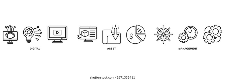Concepto de Ilustración vectorial de conjunto de iconos de presa para la gestión de activos digitales con icono de binario, automatización, procesamiento, diseño, datos, red y conexión