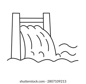 Dam icon with water flowing over spillway in line art style